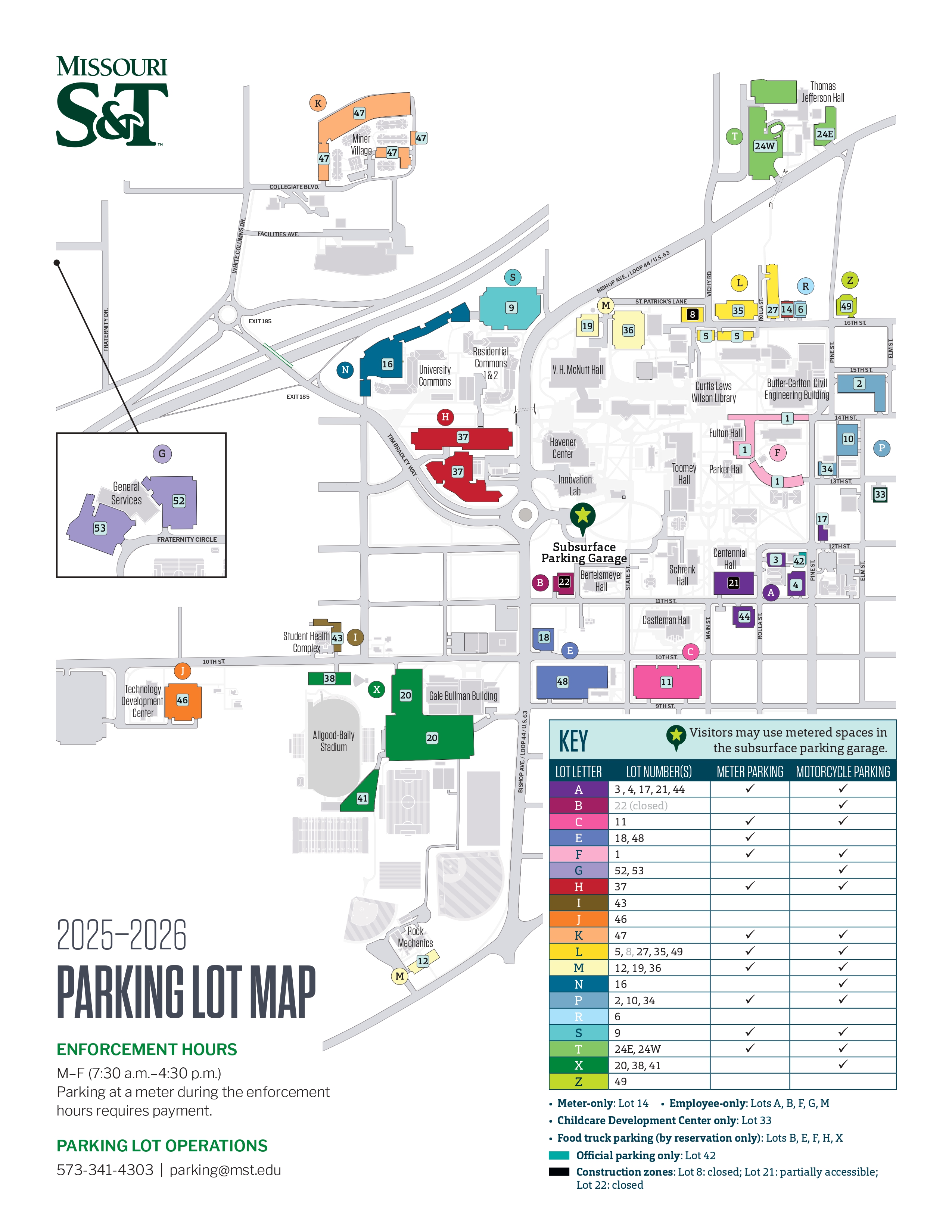 Map that outlines the parking lots for permits at Missouri S&T.